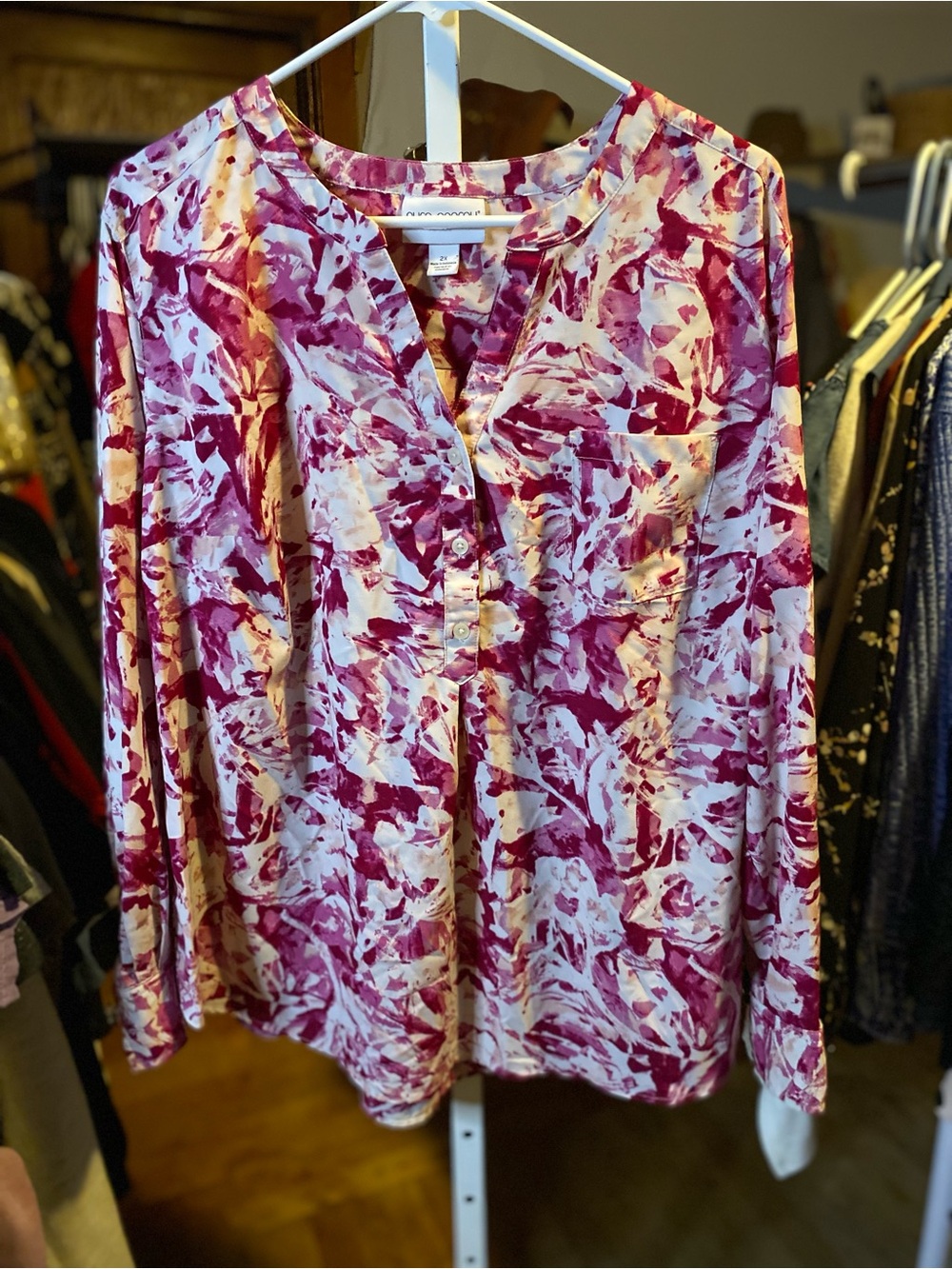 Pure Energy Magenta and White Abstract Floral Button Front Blouse